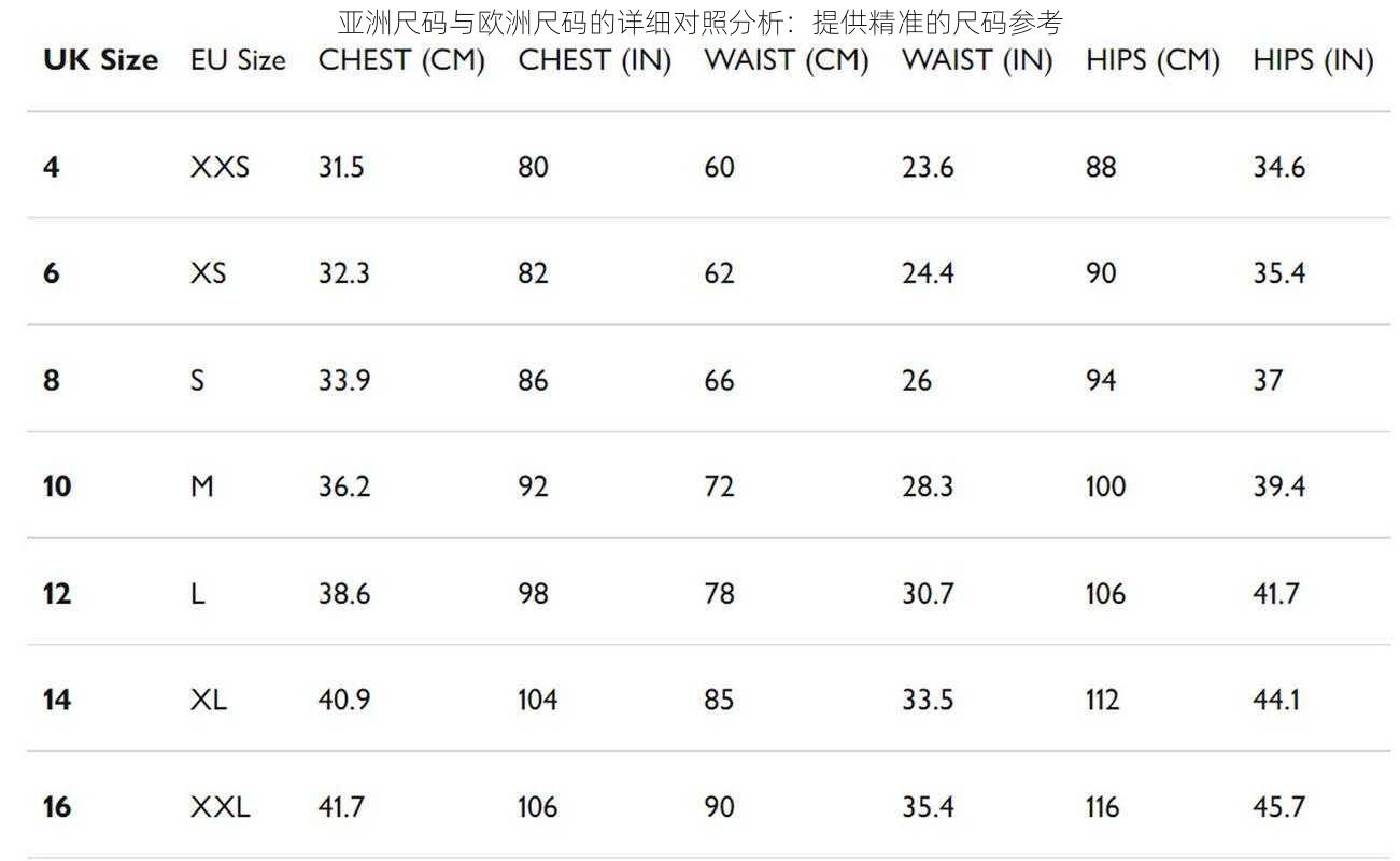 亚洲尺码与欧洲尺码的详细对照分析：提供精准的尺码参考