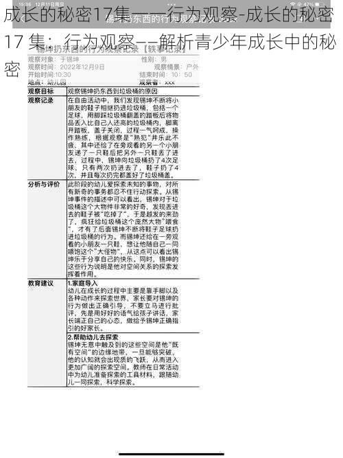 成长的秘密17集一一行为观察-成长的秘密 17 集：行为观察——解析青少年成长中的秘密