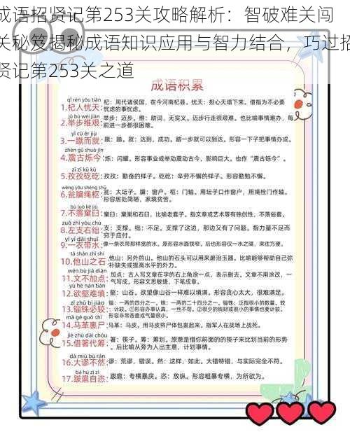 成语招贤记第253关攻略解析：智破难关闯关秘笈揭秘成语知识应用与智力结合，巧过招贤记第253关之道