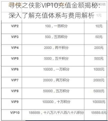 寻侠之侠影VIP10充值金额揭秘：深入了解充值体系与费用解析