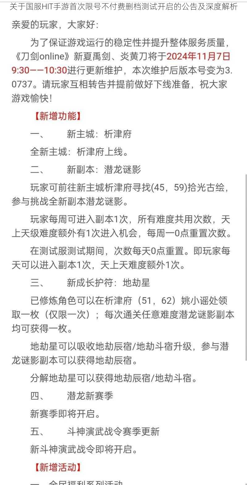 关于国服HIT手游首次限号不付费删档测试开启的公告及深度解析